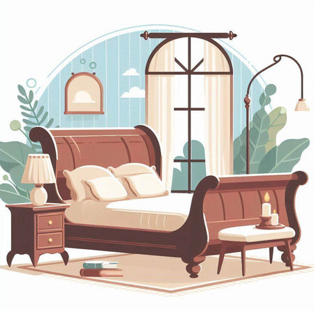 Vector illustration of a bedroom interior with a bed, a lamp, a mirror and a windowのイラスト素材