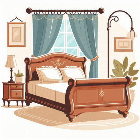 Vector illustration of a bedroom interior with a double bed and a lampのイラスト素材