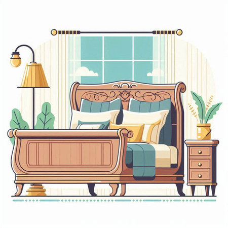 Bedroom interior with furniture. Cozy apartment. Vector illustration.のイラスト素材
