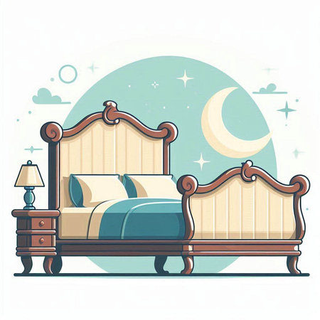 Vector illustration of a bed with pillows and a bedside tableのイラスト素材