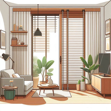 Interior of living room with window, furniture and plants. Vector illustrationのイラスト素材