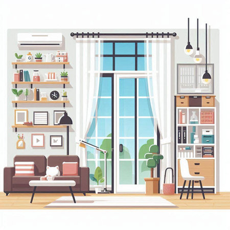 Interior of living room with furniture and window. Vector illustration.のイラスト素材