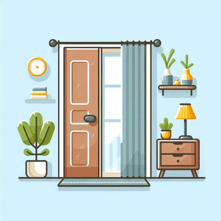 Flat design vector illustration of modern interior with door, bookshelf, cupboard and plants.のイラスト素材