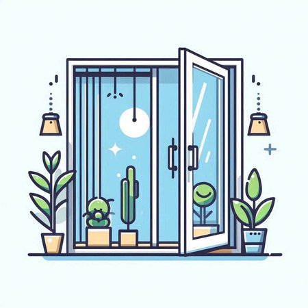 Vector illustration of modern flat design interior with window, plants, lamps and plants.のイラスト素材