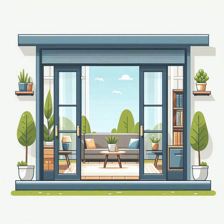 Modern living room interior vector illustration in flat style. Living room with furniture and plants.のイラスト素材
