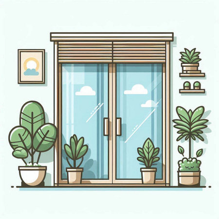Vector illustration of a modern window in a flat style with plants.のイラスト素材
