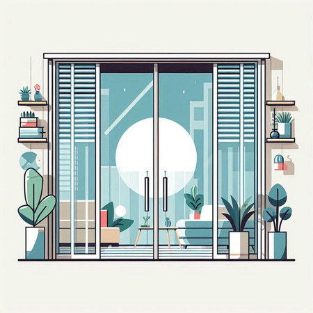 Vector illustration of a modern office interior with a window and plants.のイラスト素材