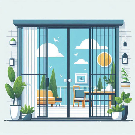 Modern interior design of a living room with a glass door. Vector illustrationのイラスト素材