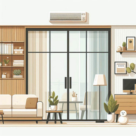Modern living room interior with furniture and air conditioner. Vector illustration.のイラスト素材