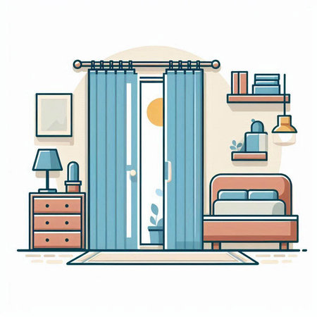 Interior of modern bedroom with furniture. Flat style vector illustration.のイラスト素材