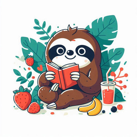 Cute sloth reading a book and drinking juice. Vector illustration.のイラスト素材