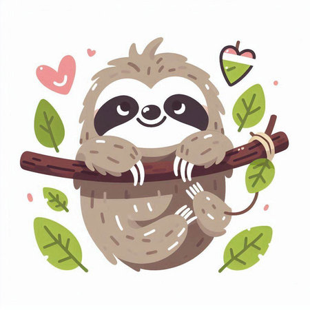 Cute sloth on a branch with leaves. Vector illustration.のイラスト素材