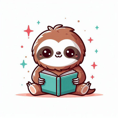 Cute cartoon sloth sitting and reading book. Vector illustration.のイラスト素材