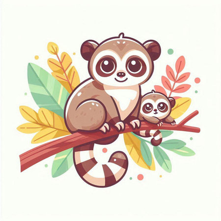 Cute little lemur with baby on branch. Vector illustration.のイラスト素材