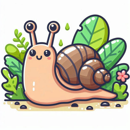 Cute cartoon snail on the ground in the garden. Vector illustration.のイラスト素材