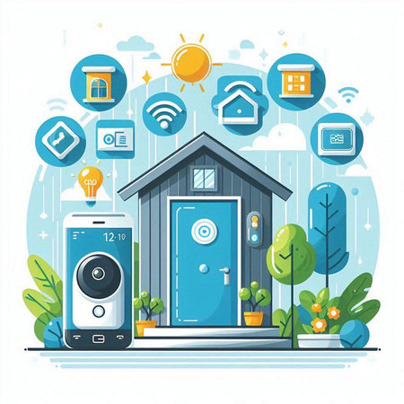Smart home concept. Vector illustration in flat design style with icons of smart house, remote control, smart speaker, smart home and internet of things.のイラスト素材