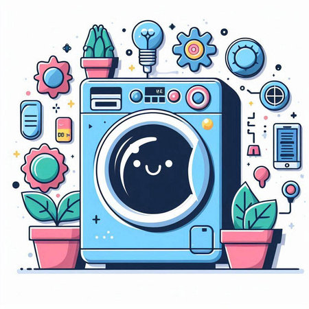 Laundry service concept. Washing machine and houseplants. Vector illustration.のイラスト素材