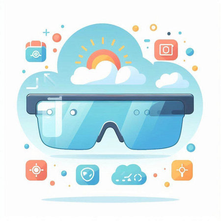 Virtual reality glasses vector illustration. Glasses with sun, cloud, sun and other objectsのイラスト素材