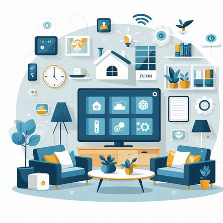 Living room with furniture, sofa, coffee table, coffee table, clock, alarm clock, house, lamp, plant. Flat style vector illustration.のイラスト素材