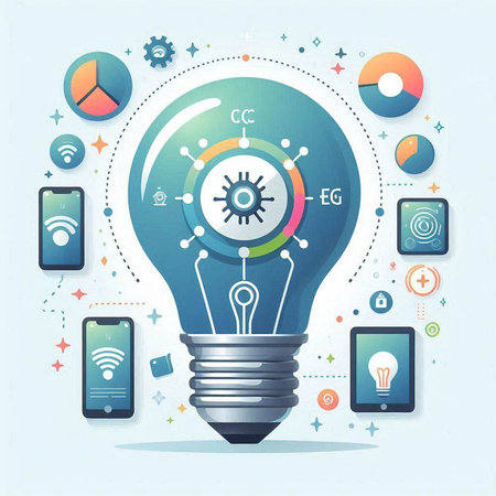 Creative idea concept with lightbulb and flat icons. Vector illustration.のイラスト素材