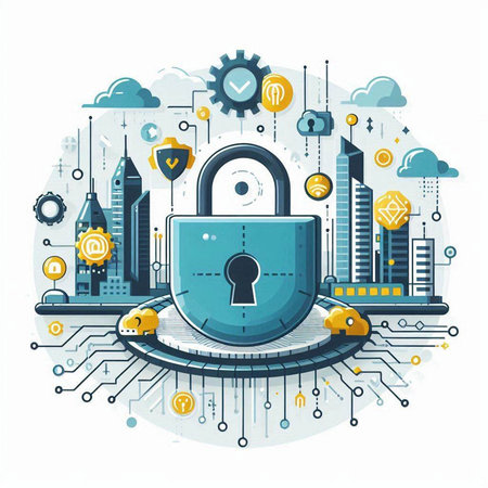 Cyber security concept with padlock on city background. Vector illustrationのイラスト素材