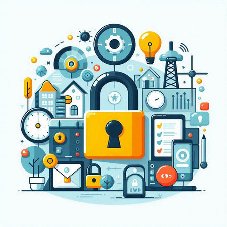 Internet security concept with padlock and icons. Vector illustration in flat styleのイラスト素材