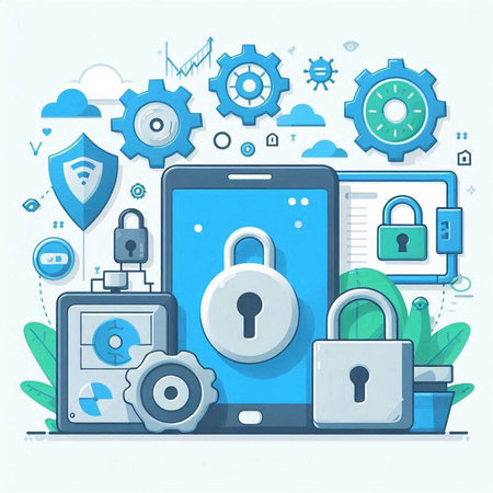 Cyber security concept. Smartphone with padlock on screen. Vector illustrationのイラスト素材