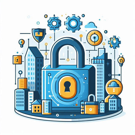 Cyber security concept with padlock on city background. Vector illustrationのイラスト素材