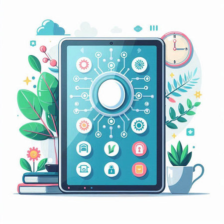 Smartphone with flat design icons on the screen. Vector illustration.のイラスト素材