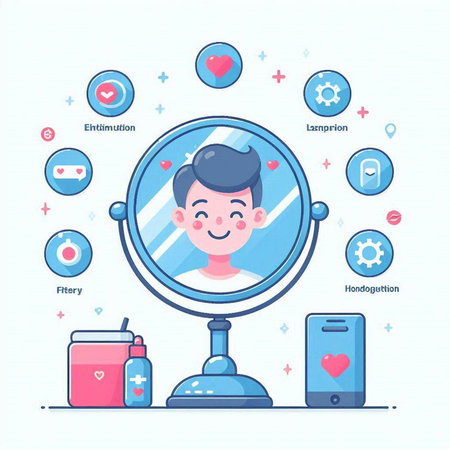 Vector illustration of young man in front of a mirror and social media icons.のイラスト素材