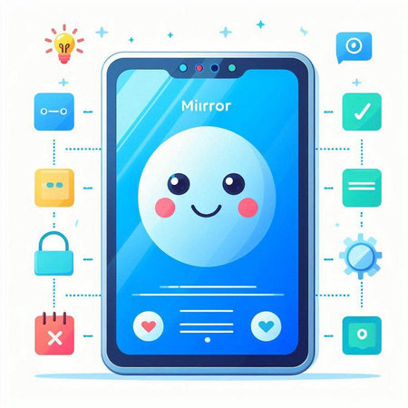 Smartphone with smiley face and social media icons. Vector illustrationのイラスト素材