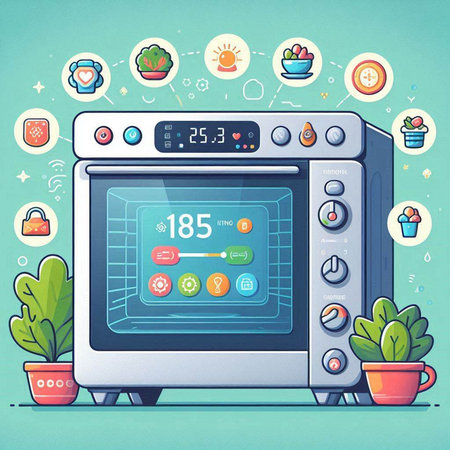 Illustration of a modern oven with various icons in the background.のイラスト素材