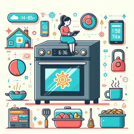 Vector illustration of a woman with a laptop sitting on a stove.のイラスト素材