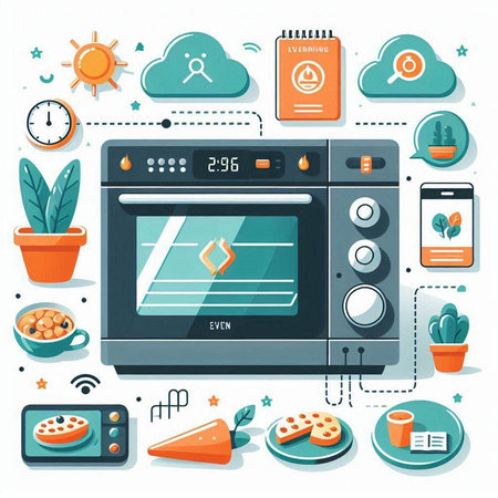 Modern flat design vector illustration concept of home appliances: microwave, oven, microwave, coffee cup, tv remote control.のイラスト素材