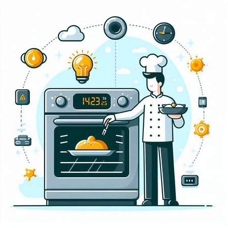 Chef cooking in the oven. Vector illustration in flat style.のイラスト素材