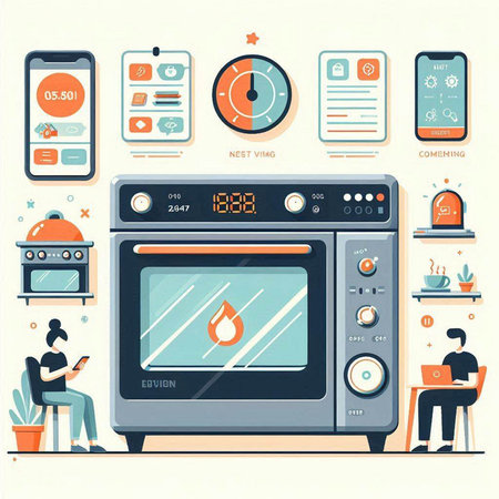 Flat design vector illustration concept of modern kitchen appliances and electronics.のイラスト素材