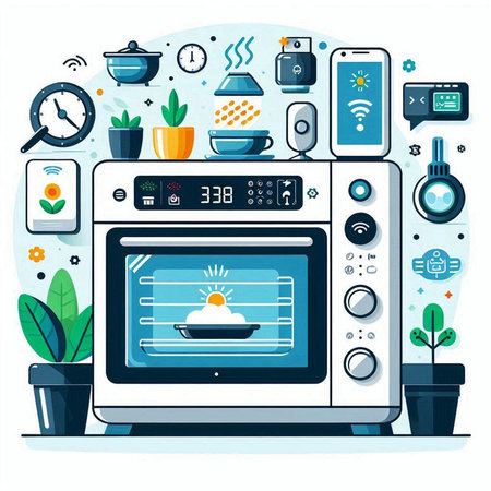 Kitchen microwave oven with household appliances. Vector illustration in flat styleのイラスト素材