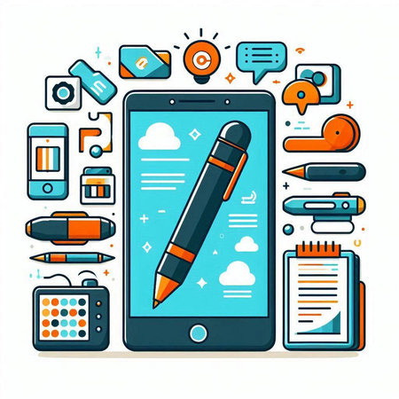 Smartphone with pencil, mobile phone, mobile phone, tablet and other electronic devices. Vector illustrationのイラスト素材
