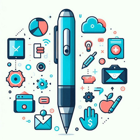 Modern vector line art illustration of pen and icons for web and mobile applicationsのイラスト素材