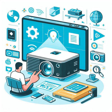 Projector, laptop, tablet, mobile phone, notebook and other gadgets. Vector illustration.のイラスト素材