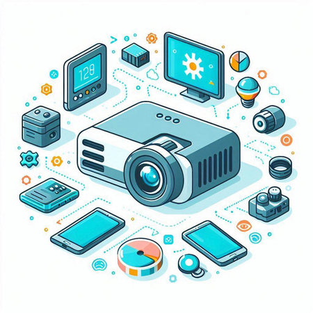 Isometric 3d vector illustration of a video projector, a set of gadgets and accessories.のイラスト素材