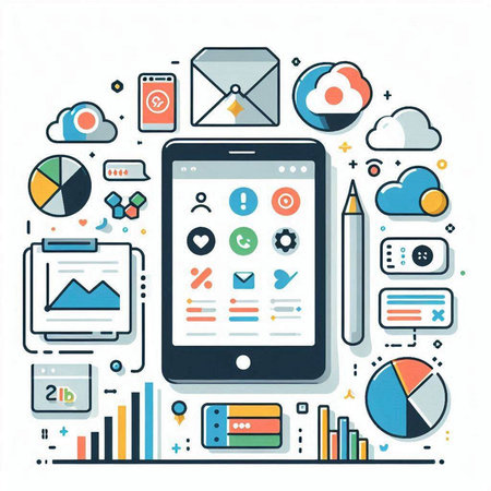 Flat design modern vector illustration concept of mobile app development, web development, social media marketing, seo analytics, content management.のイラスト素材
