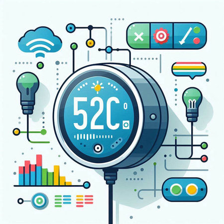 Vector illustration in flat linear style with icons of electric meter, energy saving conceptのイラスト素材