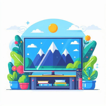 Living room interior with TV, books and plants. Flat style vector illustration.のイラスト素材