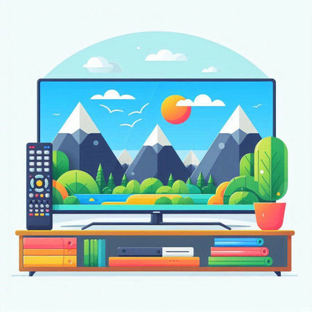 Vector illustration of a TV set in flat style with mountains, clouds and sun.のイラスト素材