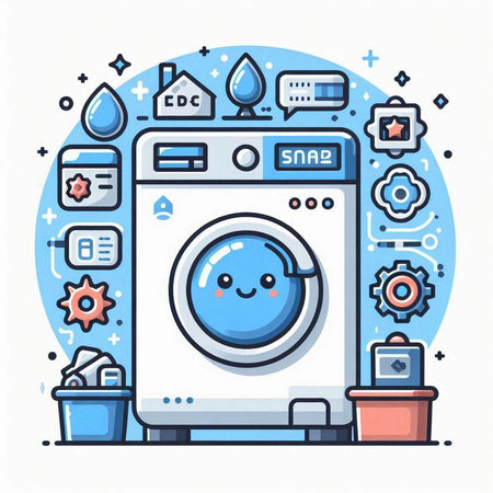 Vector illustration of washing machine with laundry icons in thin line style.のイラスト素材