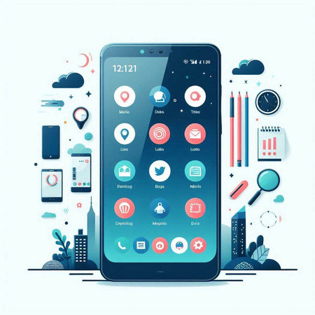Smartphone with application icons on the screen. Modern flat design vector illustration.のイラスト素材