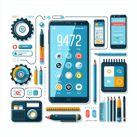 Flat design modern vector illustration concept of online education, training and learning. Smartphone, laptop, tablet, pencil, pen, ruler, eraser, calculator, graphic tablet, camera, lens.のイラスト素材
