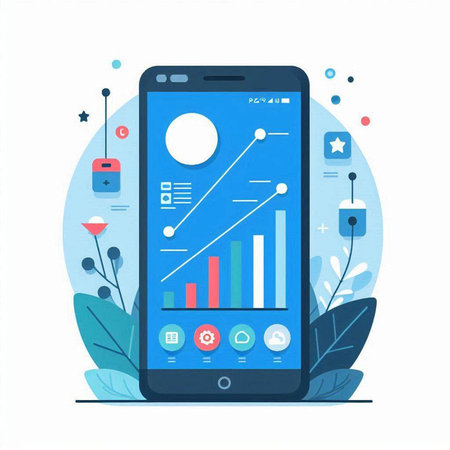 Smartphone with infographics on screen. Modern flat vector illustration.のイラスト素材
