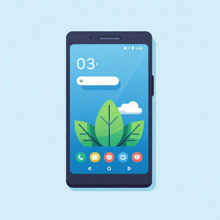 Smartphone with green leaves and search bar on screen. Vector illustration.のイラスト素材